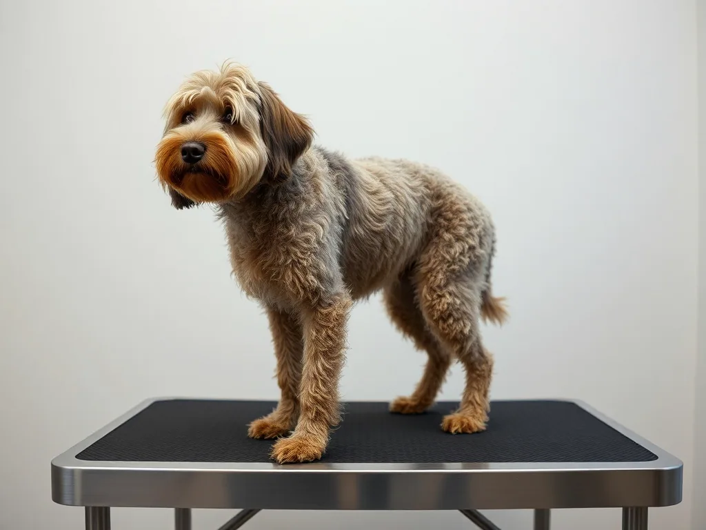 A shaggy doodle mix standing on a stainless grooming table, coat long and uneven all over, plain wall behind.
