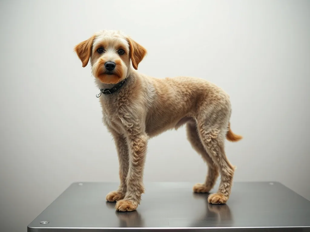 A doodle mix on the same grooming table after a full clip, coat trimmed short and even, legs and face tidy.