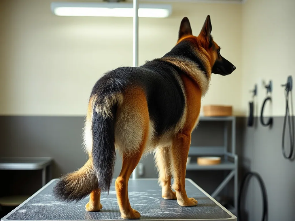 A German shepherd standing on a grooming table seen from behind, thick coat with loose fur standing up along the back and tail.
