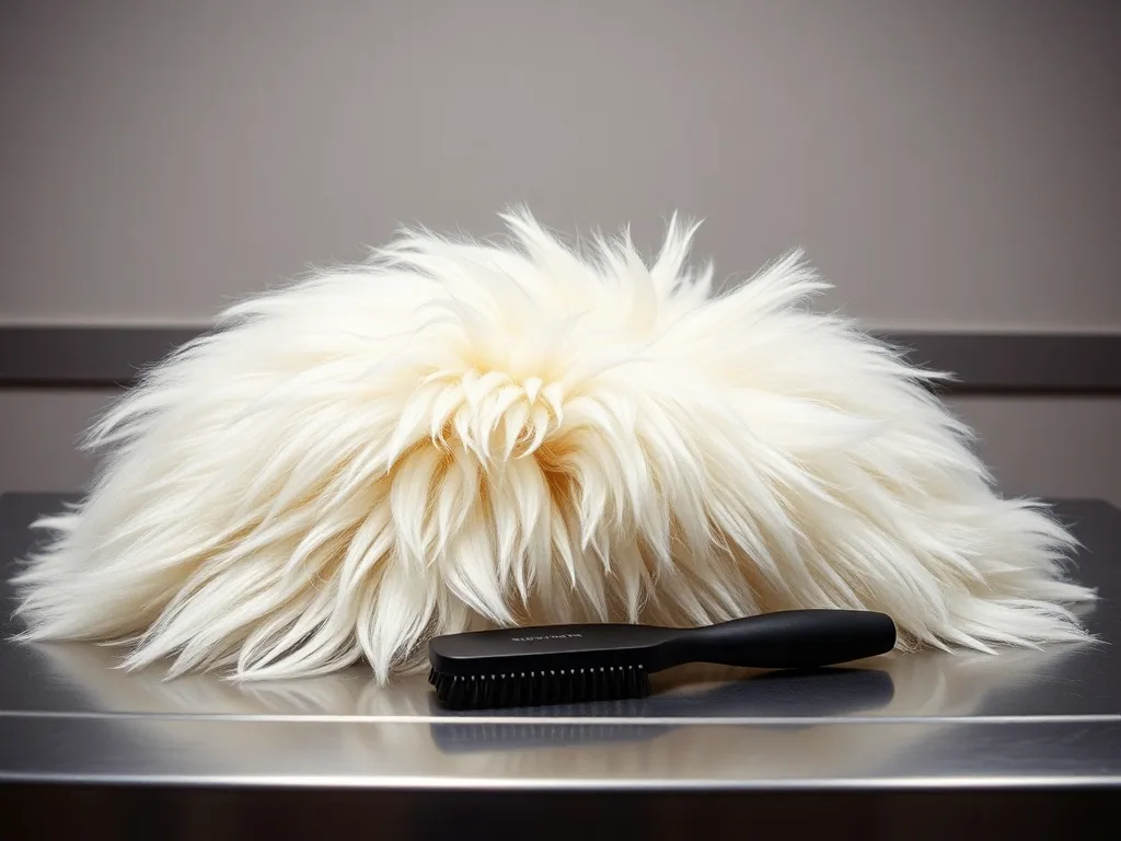 A heap of brushed out pale undercoat piled on a stainless grooming table beside a slicker brush.