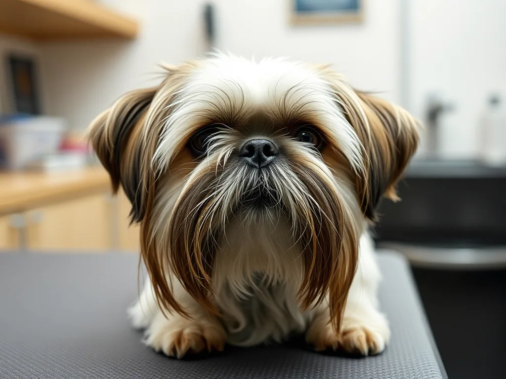 Head and shoulders of a shih tzu with long face hair falling across its eyes and muzzle, on a grooming table.