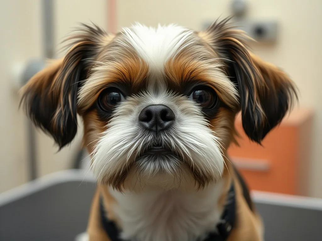 Head and shoulders of a shih tzu with the muzzle clipped short and both eyes clear of hair.