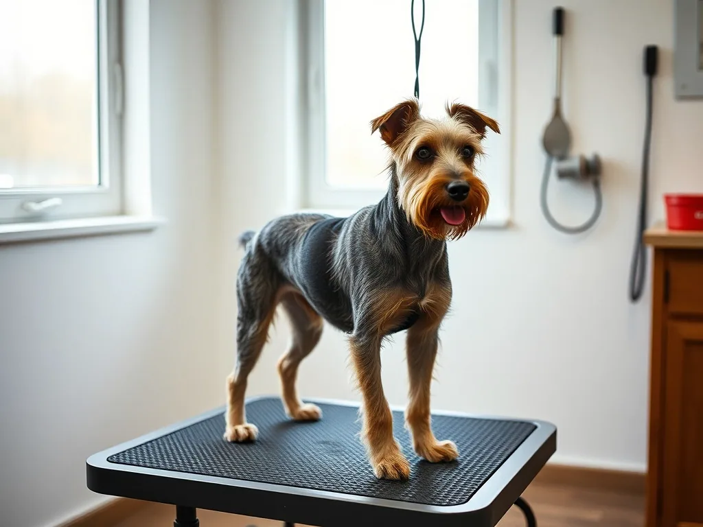A wiry grey muzzled terrier standing on a low grooming table with a black rubber mat, window light behind.