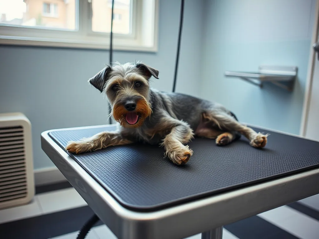 The same kind of wiry terrier lying stretched out and relaxed on the grooming table mat after a trim.