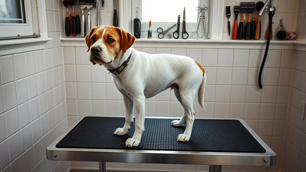 A short haired dog standing on a stainless grooming table with a black rubber mat, clippers shears and brushes racked on the tiled wall behind.
